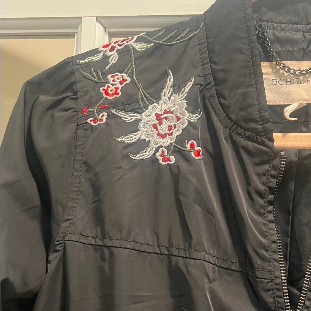 BCBGeneration Black Bomber Jacket with Floral Emb… - image 3